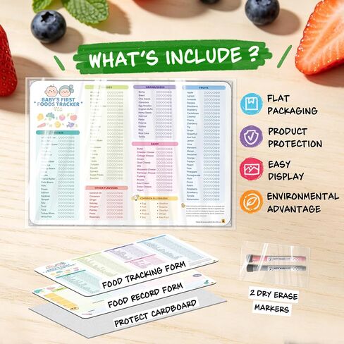 مغناطيس ثلاجة UNCLE WU Baby First Foods Tracker 2 Pack - 101 طعام قبل قائمة مرجعية واحدة ومخطط وجبات أسبوعية، مخطط أغذية الأطفال للثلاجة مع قلمين (10 × 14 بوصة) in Kuwait