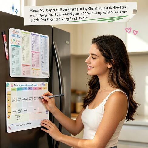 مغناطيس ثلاجة UNCLE WU Baby First Foods Tracker 2 Pack - 101 طعام قبل قائمة مرجعية واحدة ومخطط وجبات أسبوعية، مخطط أغذية الأطفال للثلاجة مع قلمين (10 × 14 بوصة) in Kuwait