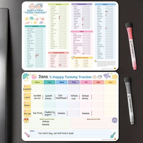 مغناطيس ثلاجة UNCLE WU Baby First Foods Tracker 2 Pack - 101 طعام قبل قائمة مرجعية واحدة ومخطط وجبات أسبوعية، مخطط أغذية الأطفال للثلاجة مع قلمين (10 × 14 بوصة) in Kuwait