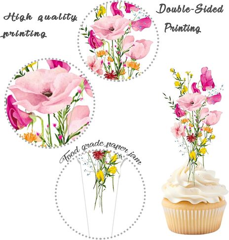 Flower Cupcake Toppers Wildflower Birthday Party Decorations Girls 48PCS Wildflower Cake Picks Floral Party Cupcake Picks for Women Spring Garden Baby Shower Wedding Supplies in Saudi Arabia