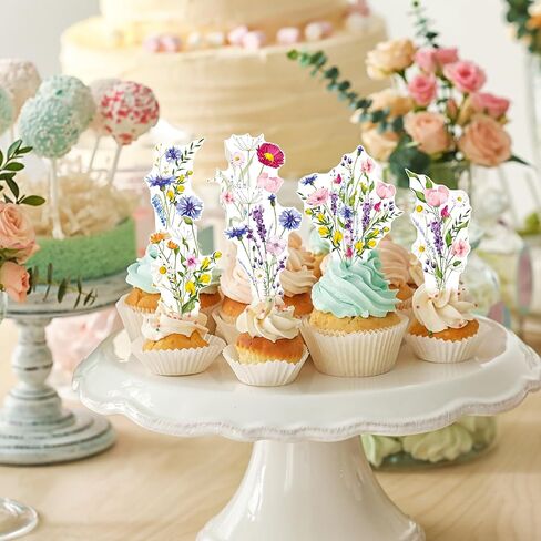 Flower Cupcake Toppers Wildflower Birthday Party Decorations Girls 48PCS Wildflower Cake Picks Floral Party Cupcake Picks for Women Spring Garden Baby Shower Wedding Supplies in Saudi Arabia