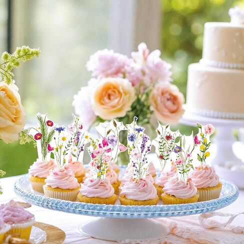 Flower Cupcake Toppers Wildflower Birthday Party Decorations Girls 48PCS Wildflower Cake Picks Floral Party Cupcake Picks for Women Spring Garden Baby Shower Wedding Supplies in Saudi Arabia