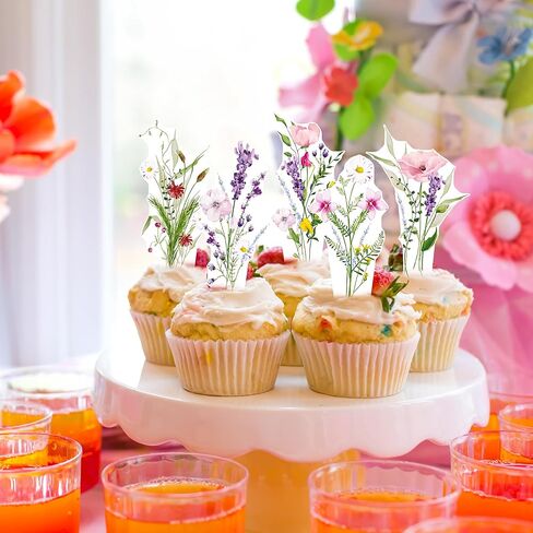 Flower Cupcake Toppers Wildflower Birthday Party Decorations Girls 48PCS Wildflower Cake Picks Floral Party Cupcake Picks for Women Spring Garden Baby Shower Wedding Supplies in Saudi Arabia