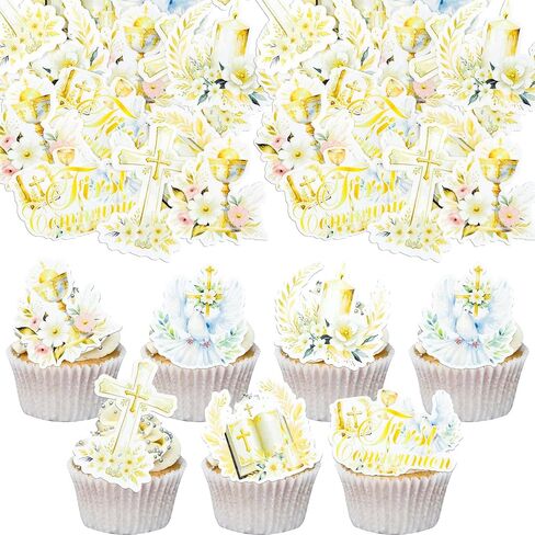 Ephlyn 48Pcs Edible God Bless Cupcake Toppers Wafer Paper Floral God Bless Cake Toppers Christian Theme Baby Shower Birthday Party Cake Decorations Supplies Blue in Kuwait