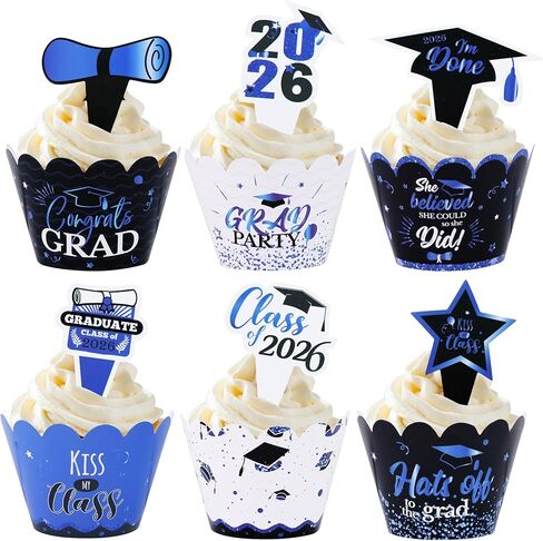 BEISHIDA Black Blue 2026 Graduation Cupcake Toppers 2026 Graduation Cupcake Liners Decorations with Picks, Congrats Grad Cake Decorations Party Supplies（24 Pcs) in Kuwait