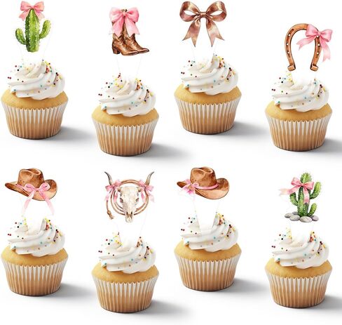48Pcs Women's Cowboy Boots and Hats with Pink Bow Cupcake Decorations, Pink Western Toppers Decor Supplies, Cowgirl Cupcake Toppers Decorations Supplies in Kuwait