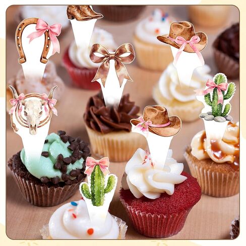 48Pcs Women's Cowboy Boots and Hats with Pink Bow Cupcake Decorations, Pink Western Toppers Decor Supplies, Cowgirl Cupcake Toppers Decorations Supplies in Kuwait