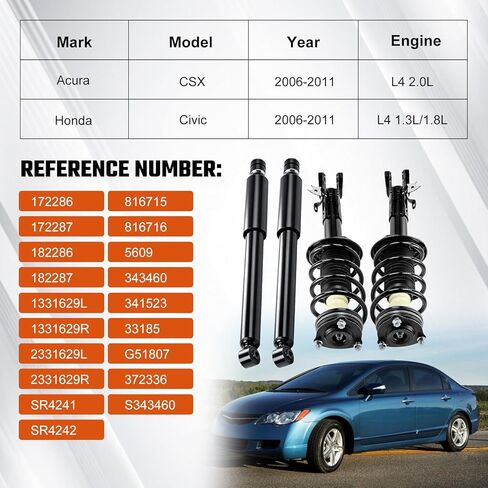 دعامات أمامية وخلفية كاملة متوافقة مع [سيدان] Honda Civic 2006-2011 وAcura CSX 2006-2011 - 4x استبدال ممتص الصدمات مع مجموعة زنبركية ملفوفة # 172286، 172287 in Kuwait