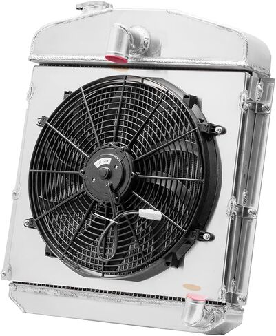 4 Row Aluminum Radiator with Shroud Fan for 1947-1949 Plymouth Deluxe P15 Special Deluxe Sedan Coupe, 1.5'' Inlet & 1.75'' Outlet, Automotive Replacement Radiator 1947 1948 1949 in Saudi Arabia