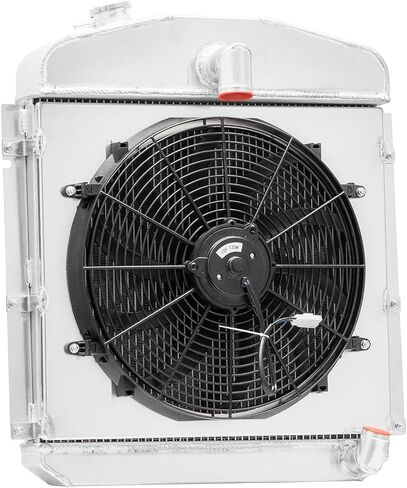 4 Row Aluminum Radiator with Shroud Fan for 1947-1949 Plymouth Deluxe P15 Special Deluxe Sedan Coupe, 1.5'' Inlet & 1.75'' Outlet, Automotive Replacement Radiator 1947 1948 1949 in Saudi Arabia