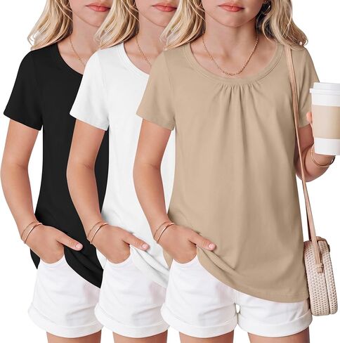 3 Pack Girls Short Sleeve Shirts Loose Fit Crewneck Basic Plain Tops Kids Soft Summer Tee Shirts 5-14 Years in Saudi Arabia