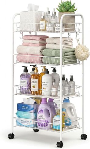 PLKOW 4-Tier Metal Rolling Utility Cart, Multi-Functional Storage Cart for Office, Living Room, Kitchen, Bathroom, Lightweight Organizer Cart with Wheels, White in Saudi Arabia