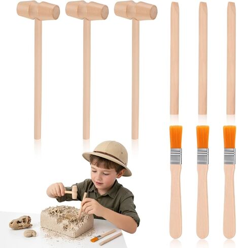 DOITOOL 9 Pcs Wooden Excavation Tools for Kids, Dinosaur Dig Kit with Mini Hammer Chisel Brush Scraper, Stem Science Gemstone Toys in Kuwait