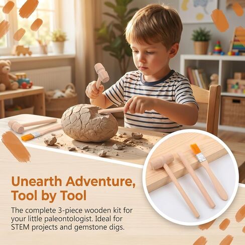 DOITOOL 9 Pcs Wooden Excavation Tools for Kids, Dinosaur Dig Kit with Mini Hammer Chisel Brush Scraper, Stem Science Gemstone Toys in Kuwait
