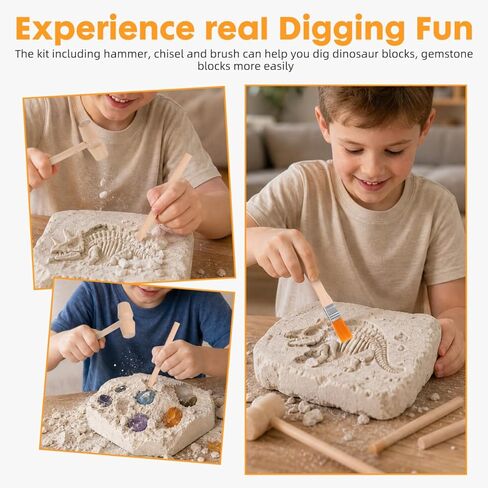 DOITOOL 9 Pcs Wooden Excavation Tools for Kids, Dinosaur Dig Kit with Mini Hammer Chisel Brush Scraper, Stem Science Gemstone Toys in Kuwait