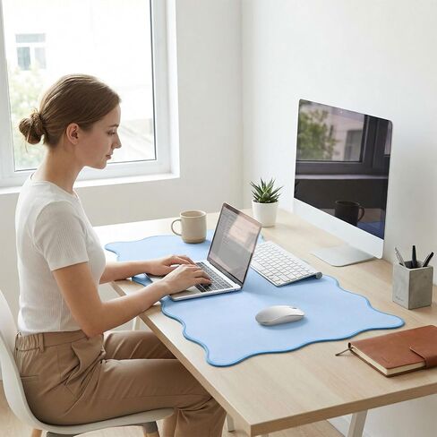 Scalloped Desk Mat 31.5" x 15.7" Large Cute Desk Mat for Desktop, Waterproof Scalloped Aesthetic Table Pad, Non-Slip Mouse Keyboard Pads Computer Accessories for Desk Office Home Gaming in Saudi Arabia