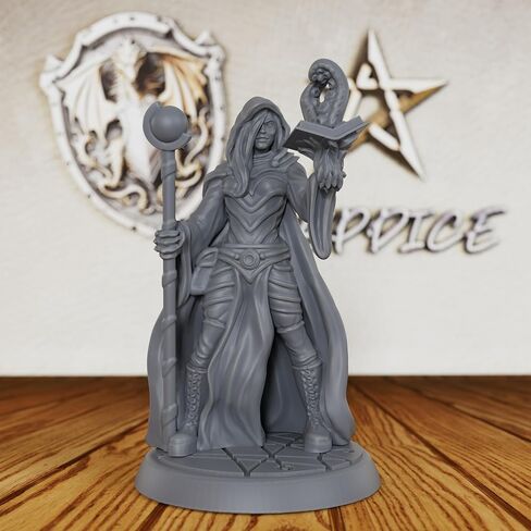 Hooded Arcane Summoner Figurine - 28mm Scale Unpainted Spellcaster with Magic Orb Scepter & Emerging Spirit Grimoire, Heroic Human Mage for Miniature Game & Tabletop RPG - Elite Sorcerer (AS67) in Kuwait