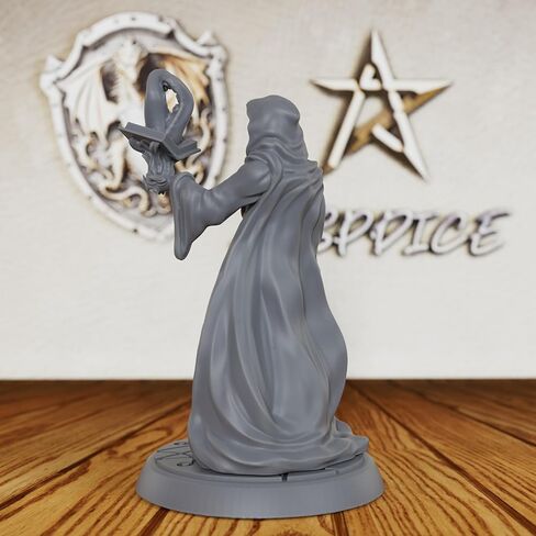 Hooded Arcane Summoner Figurine - 28mm Scale Unpainted Spellcaster with Magic Orb Scepter & Emerging Spirit Grimoire, Heroic Human Mage for Miniature Game & Tabletop RPG - Elite Sorcerer (AS67) in Kuwait