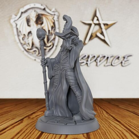 Hooded Arcane Summoner Figurine - 28mm Scale Unpainted Spellcaster with Magic Orb Scepter & Emerging Spirit Grimoire, Heroic Human Mage for Miniature Game & Tabletop RPG - Elite Sorcerer (AS67) in Kuwait