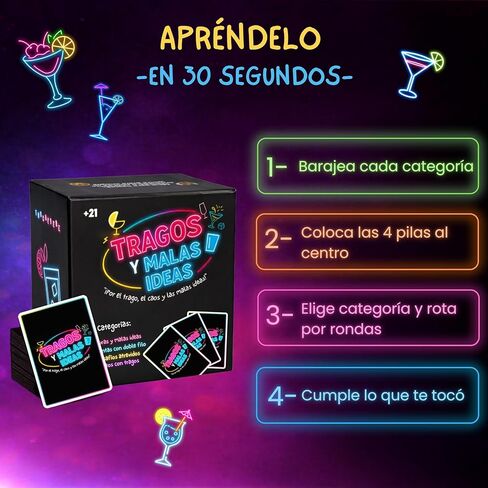 Tragos y Malas Ideas Juego de cartas للبالغين باللغة الإسبانية تحتوي على 200 بطاقة و4 فئات. لعبة بطاقة الشرب الإسبانية للمهرجانات. لعبة ميسا للبالغين. لعبة بطاقة تراغوس. in Kuwait