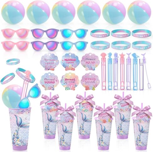 Honeydak 6 Sets Mermaid Party Favors Pool and Beach Party Favors Summer Tumbler Beach Balls Sunglasses Silicone Bracelets Bulk for Pool Undersea Mermaid Birthday Summer Decoration End of Year Gifts in Kuwait