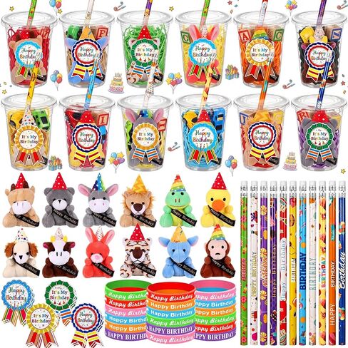 Baderke 24 Sets Birthday Gifts Party Favors Set, Includes Stuffed Animal Disposable Cups with Lids, Decoration Pencil, Silicone Bracelets, Badge Stickers for Reward Gifts, Goodie Bag Stuffers in Kuwait