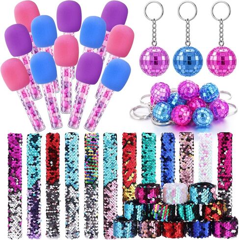 Outus 36 Pcs Kpop Party Favors Include 12 Sequin Slap Bracelets Mermaid Flip Wristband, 12 Microphone Candy Tubes, 12 Disco Ball Keychain Bulk for Star Karaoke Theme Birthday Party Decorations in Kuwait