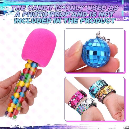 Outus 36 Pcs Kpop Party Favors Include 12 Sequin Slap Bracelets Mermaid Flip Wristband, 12 Microphone Candy Tubes, 12 Disco Ball Keychain Bulk for Star Karaoke Theme Birthday Party Decorations in Kuwait