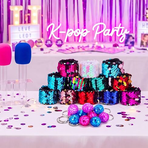 Outus 36 Pcs Kpop Party Favors Include 12 Sequin Slap Bracelets Mermaid Flip Wristband, 12 Microphone Candy Tubes, 12 Disco Ball Keychain Bulk for Star Karaoke Theme Birthday Party Decorations in Kuwait