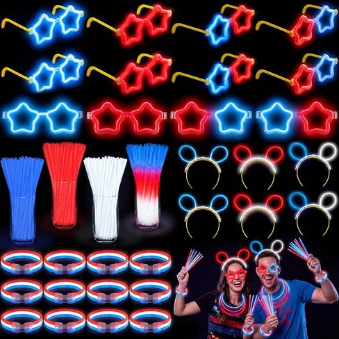 Hungdao 230 Pcs 4th of July Glow Sticks Bulk 250th Anniversary Patriotic Light up Party Favor DIY Red White Blue Star Glasses Headbands Bracelets with Connectors Glow Sticks for Independence Day USA in Kuwait