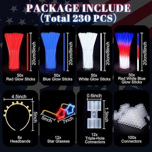 Hungdao 230 Pcs 4th of July Glow Sticks Bulk 250th Anniversary Patriotic Light up Party Favor DIY Red White Blue Star Glasses Headbands Bracelets with Connectors Glow Sticks for Independence Day USA in Kuwait