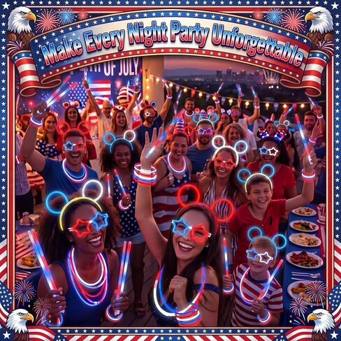Hungdao 230 Pcs 4th of July Glow Sticks Bulk 250th Anniversary Patriotic Light up Party Favor DIY Red White Blue Star Glasses Headbands Bracelets with Connectors Glow Sticks for Independence Day USA in Kuwait