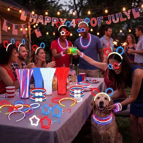 Hungdao 230 Pcs 4th of July Glow Sticks Bulk 250th Anniversary Patriotic Light up Party Favor DIY Red White Blue Star Glasses Headbands Bracelets with Connectors Glow Sticks for Independence Day USA in Kuwait
