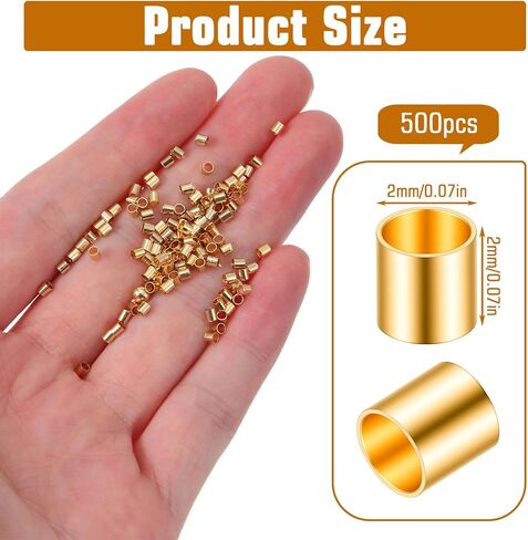 500 Pcs Crimp Beads for Jewelry Making, 18K Plated Brass 2x2 mm Tube Crimping Beads, Column Stoppers to Secure The Ends of Strings, Crimping Tube Accessories(Gold) in Kuwait