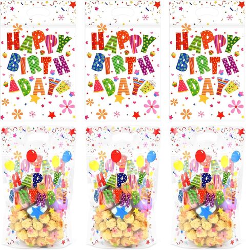 Pedenty 50 Pcs Birthday Party Favor Bags with Handles, Clear Happy Birthday Goodie Bags with Resealable Zip for Kids, Candy Treat Bags for Gifts, Snacks and Party Favors in Kuwait