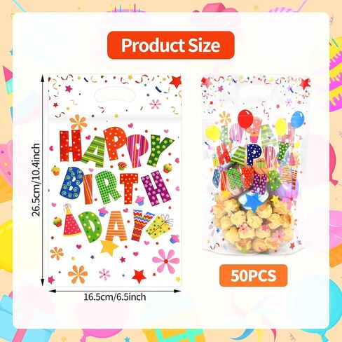 Pedenty 50 Pcs Birthday Party Favor Bags with Handles, Clear Happy Birthday Goodie Bags with Resealable Zip for Kids, Candy Treat Bags for Gifts, Snacks and Party Favors in Kuwait