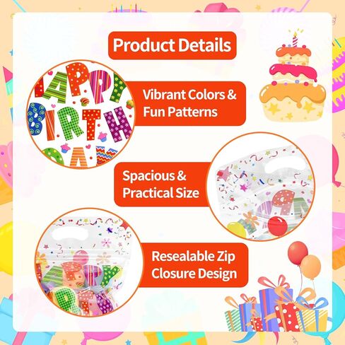 Pedenty 50 Pcs Birthday Party Favor Bags with Handles, Clear Happy Birthday Goodie Bags with Resealable Zip for Kids, Candy Treat Bags for Gifts, Snacks and Party Favors in Kuwait