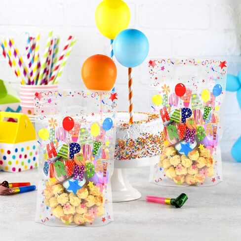 Pedenty 50 Pcs Birthday Party Favor Bags with Handles, Clear Happy Birthday Goodie Bags with Resealable Zip for Kids, Candy Treat Bags for Gifts, Snacks and Party Favors in Kuwait