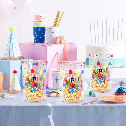 Pedenty 50 Pcs Birthday Party Favor Bags with Handles, Clear Happy Birthday Goodie Bags with Resealable Zip for Kids, Candy Treat Bags for Gifts, Snacks and Party Favors in Kuwait