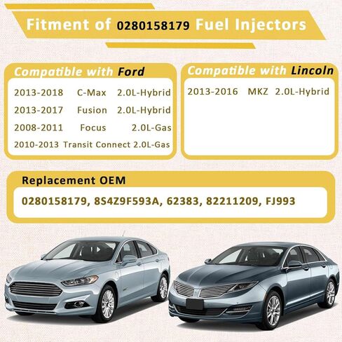 حاقن الوقود Duratec 2.0، متوافق مع/Ford Focus 2.0L 2008-2011، Transit Connect 2010-2013، Fusion C-Max Hybrid 2013-2017 |4 فتحات| |مجموعة من 4| in Kuwait