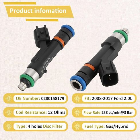 حاقن الوقود Duratec 2.0، متوافق مع/Ford Focus 2.0L 2008-2011، Transit Connect 2010-2013، Fusion C-Max Hybrid 2013-2017 |4 فتحات| |مجموعة من 4| in Kuwait