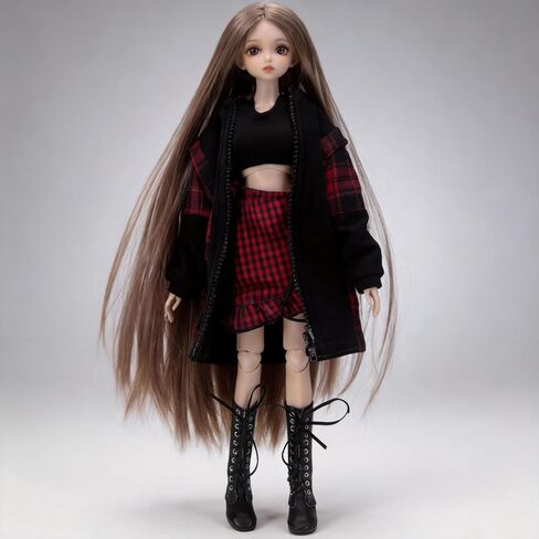 60cm SD BJD Doll Clothes Set - Edgy Grunge Outfit with Black Crop Tank Top, Plaid Skirt, Zip - Up Hoodie & Lace - Up Boots, 1/3 Doll Accessories in Saudi Arabia