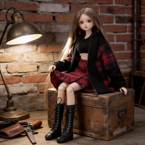 60cm SD BJD Doll Clothes Set - Edgy Grunge Outfit with Black Crop Tank Top, Plaid Skirt, Zip - Up Hoodie & Lace - Up Boots, 1/3 Doll Accessories in Saudi Arabia