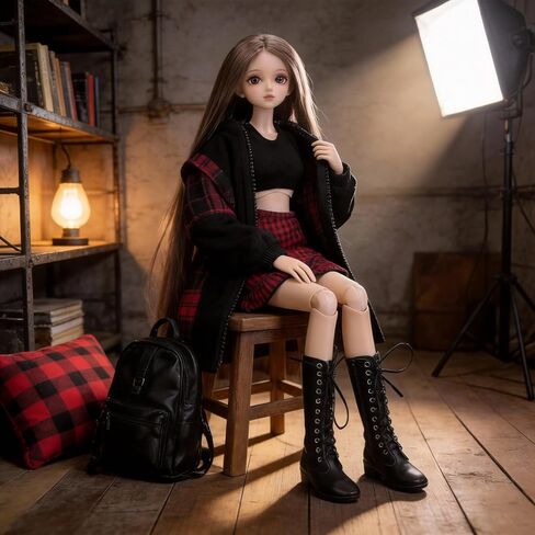 60cm SD BJD Doll Clothes Set - Edgy Grunge Outfit with Black Crop Tank Top, Plaid Skirt, Zip - Up Hoodie & Lace - Up Boots, 1/3 Doll Accessories in Saudi Arabia