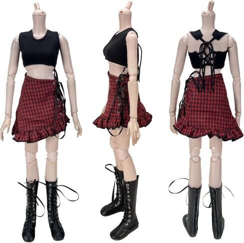 60cm SD BJD Doll Clothes Set - Edgy Grunge Outfit with Black Crop Tank Top, Plaid Skirt, Zip - Up Hoodie & Lace - Up Boots, 1/3 Doll Accessories in Saudi Arabia