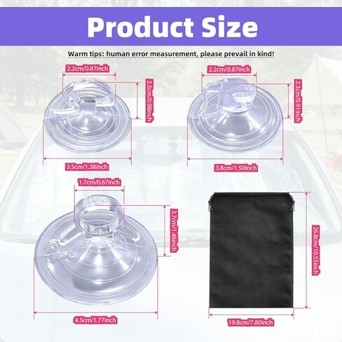 72 Pcs 3 Sizes (3.5CM, 4.5CM, 3.8CM) Strong Suction Transparent Suction Cups with Storage Bag for Car Windshield Sunshade, Windows, Home Glass - Reusable & Multi-Surface for Car Owners in Saudi Arabia