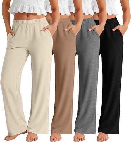 4 Pack Girls Straight Leg Pants 5-16 Years Lightweight Casual Loose Trousers Kids Baggy Soft Pants with Pockets in Saudi Arabia