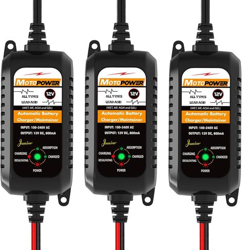 شاحن بطارية أوتوماتيكي MOTOPOWER 12 فولت 800 مللي أمبير، جهاز صيانة البطارية، شاحن هزيلة، ومزيل كبريتات البطارية، 3 عبوات in Kuwait