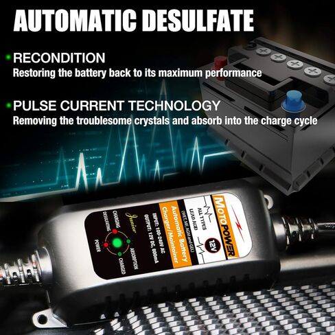 شاحن بطارية أوتوماتيكي MOTOPOWER 12 فولت 800 مللي أمبير، جهاز صيانة البطارية، شاحن هزيلة، ومزيل كبريتات البطارية، 3 عبوات in Kuwait