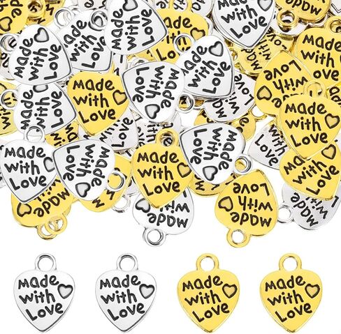 100pcs Made with Love Charms Silver and Gold Heart Shape Charms Flat Tiny Metal Heart Charm Alloy Word Message Charm, Handmade Metal Labels Printed Made with Love Tags Label Pendant for Jewelry Making in Kuwait